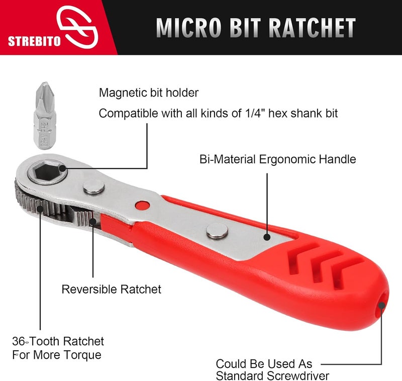 STREBITO Right Angle Screwdriver 14 Piece Mini Ratchet Set, Offset Screwdriver Low Profile Ratchet Screwdriver Set with 1/4 Ratchet, Hex, Phillips, and Torx, EDC Bit Driver for Tight Spaces, Bike - Image 3